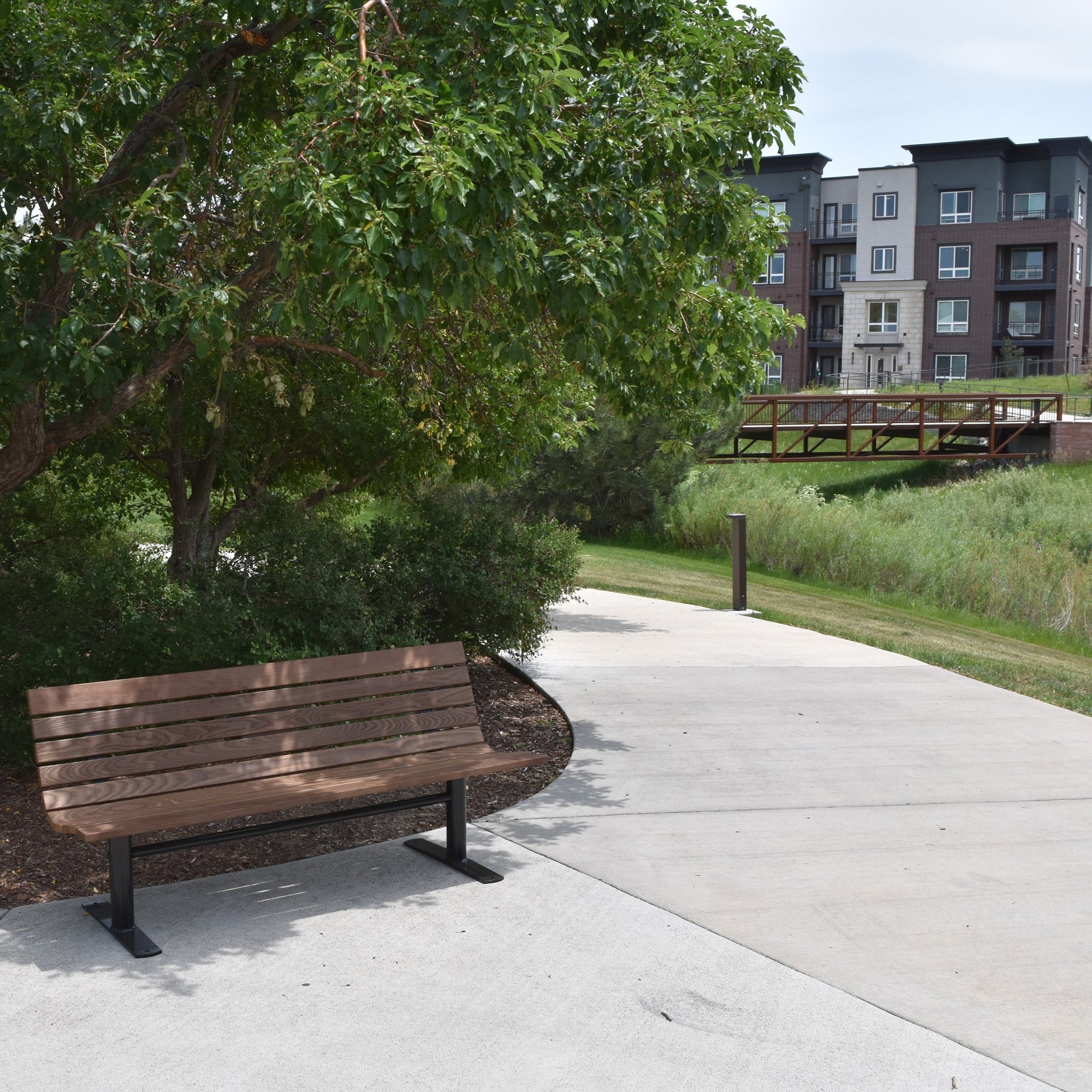Wabash Valley Wooden bench on a sidewalk with trees and apartment buildings in the background