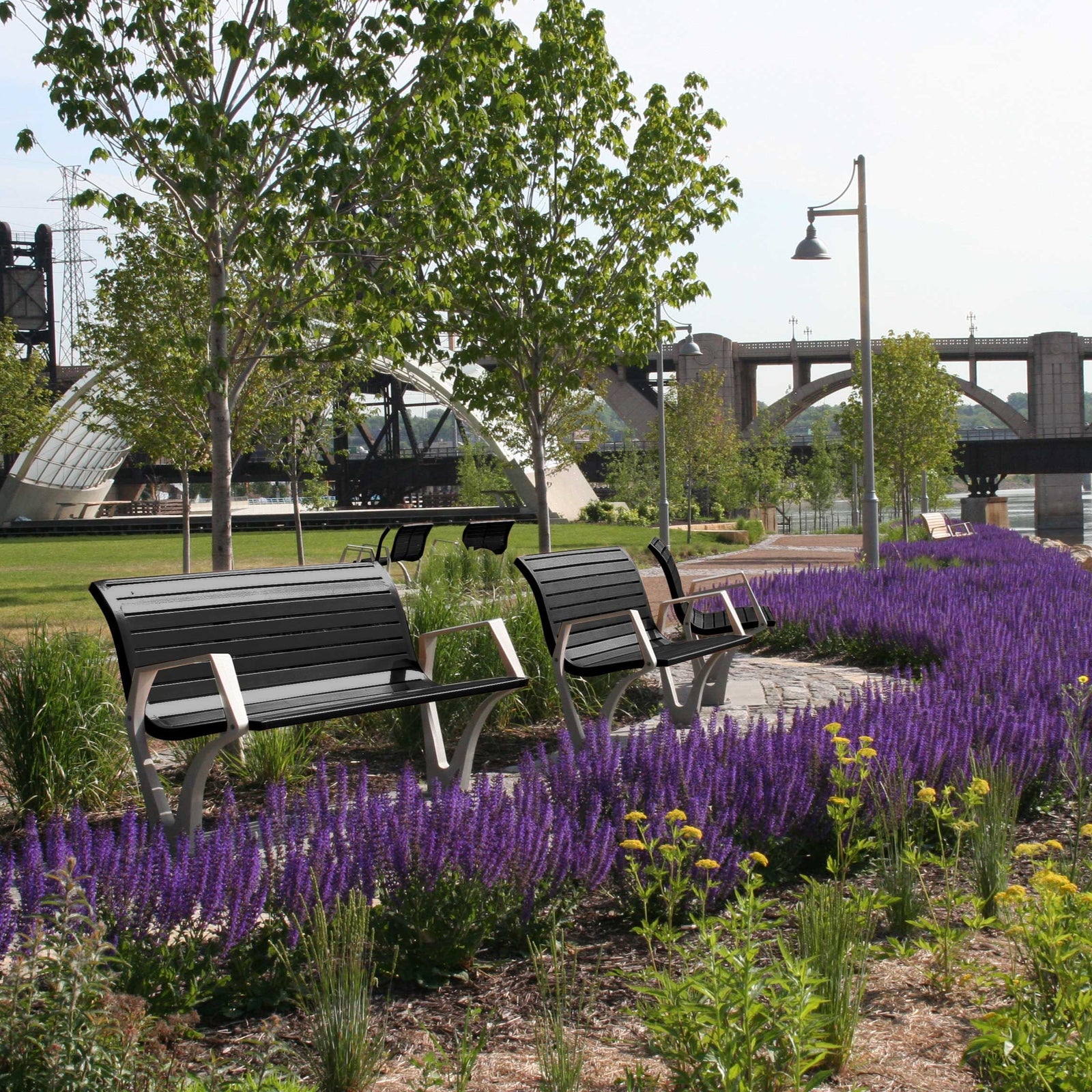 Wabash Valley Benches in outdoor park with flowers