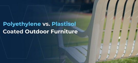 A close-up view of a light-colored outdoor bench on a lawn, with a dark blue gradient overlay on the left showing the text “Polyethylene vs. Plastisol Coated Outdoor Furniture.
