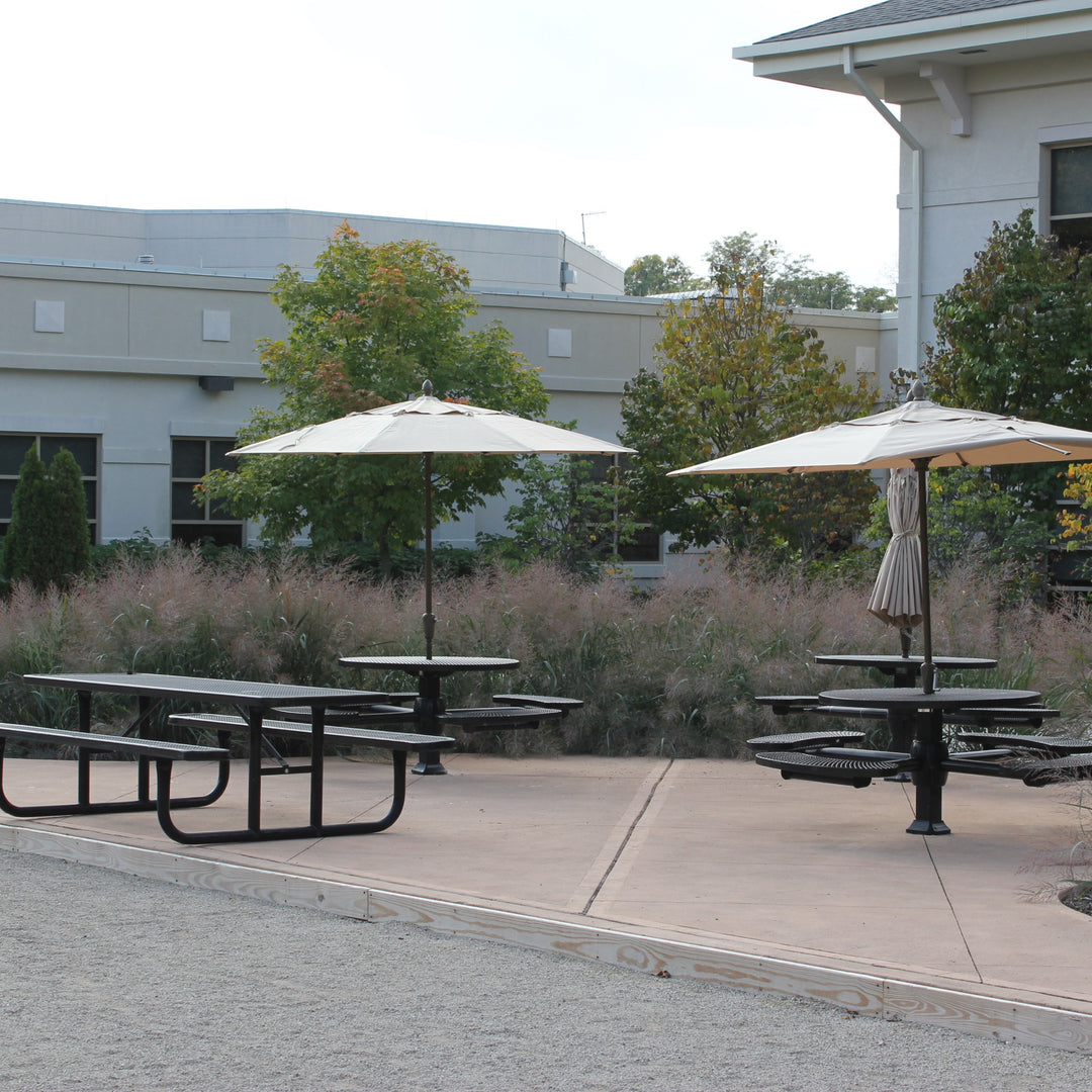 Wabash Valley picnic tables and umbrellas in front of a church