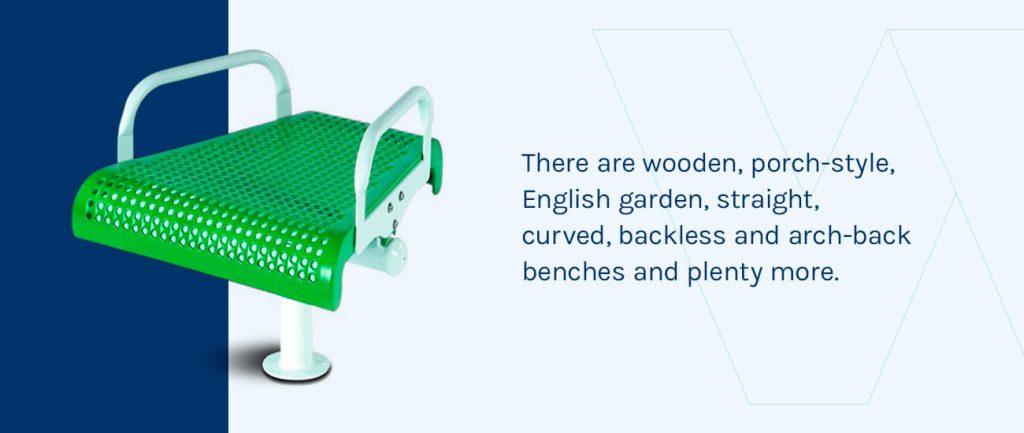 There are wooden, porch-style, English garden, straight, curved, backless and arch-back benches. 